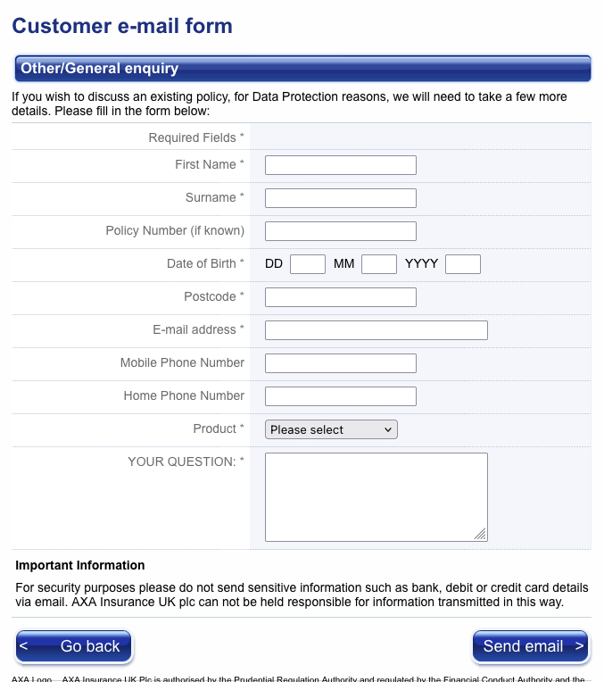 Axa contact form, asking for full name, surname, policy number, date of birth, postcode, e-mail address, mobile & home phone numbers, a product dropdown, and your question.