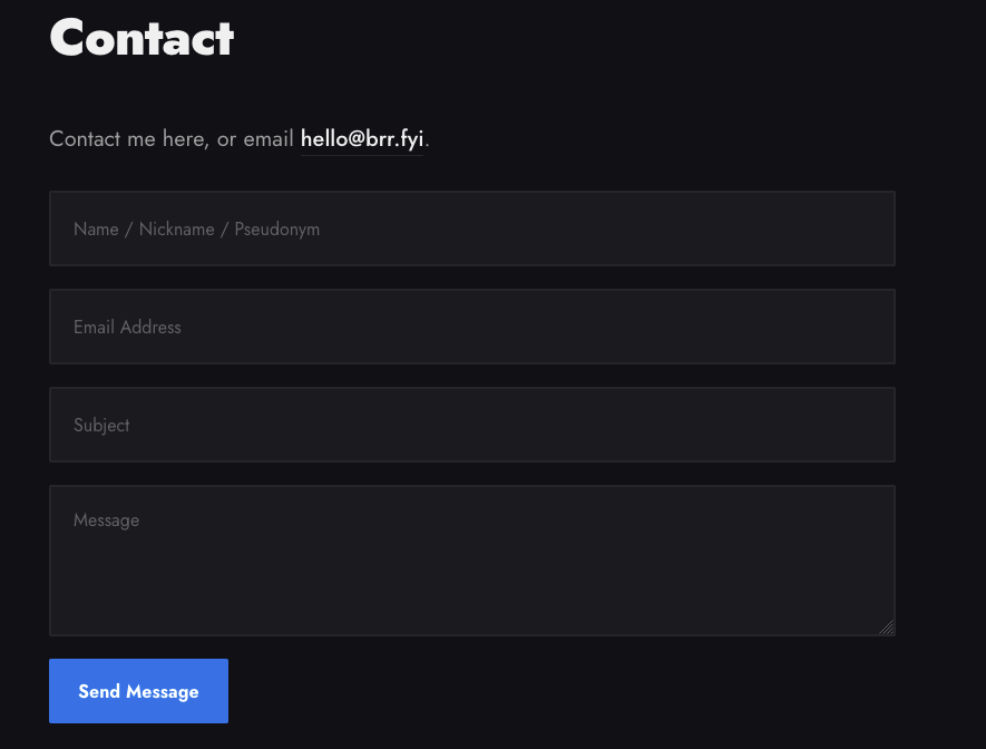 Brr.fyi contact form, with fields for name, email, subject, and message.