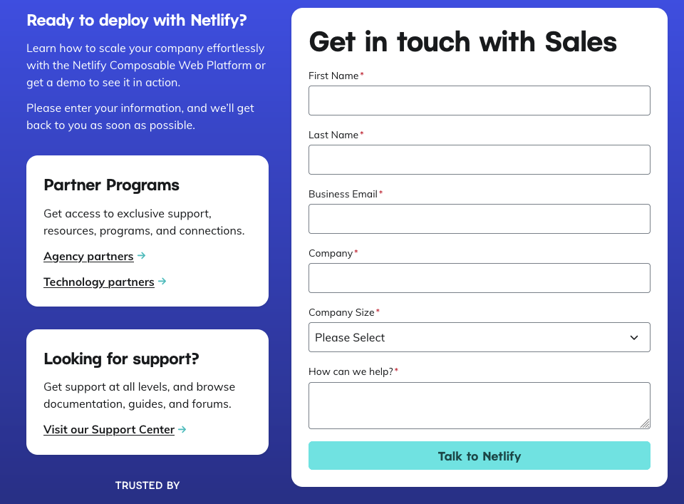 Netlify contact form, with fields for first and last name, email, company, company size, and a text box labelled “how can we help?”