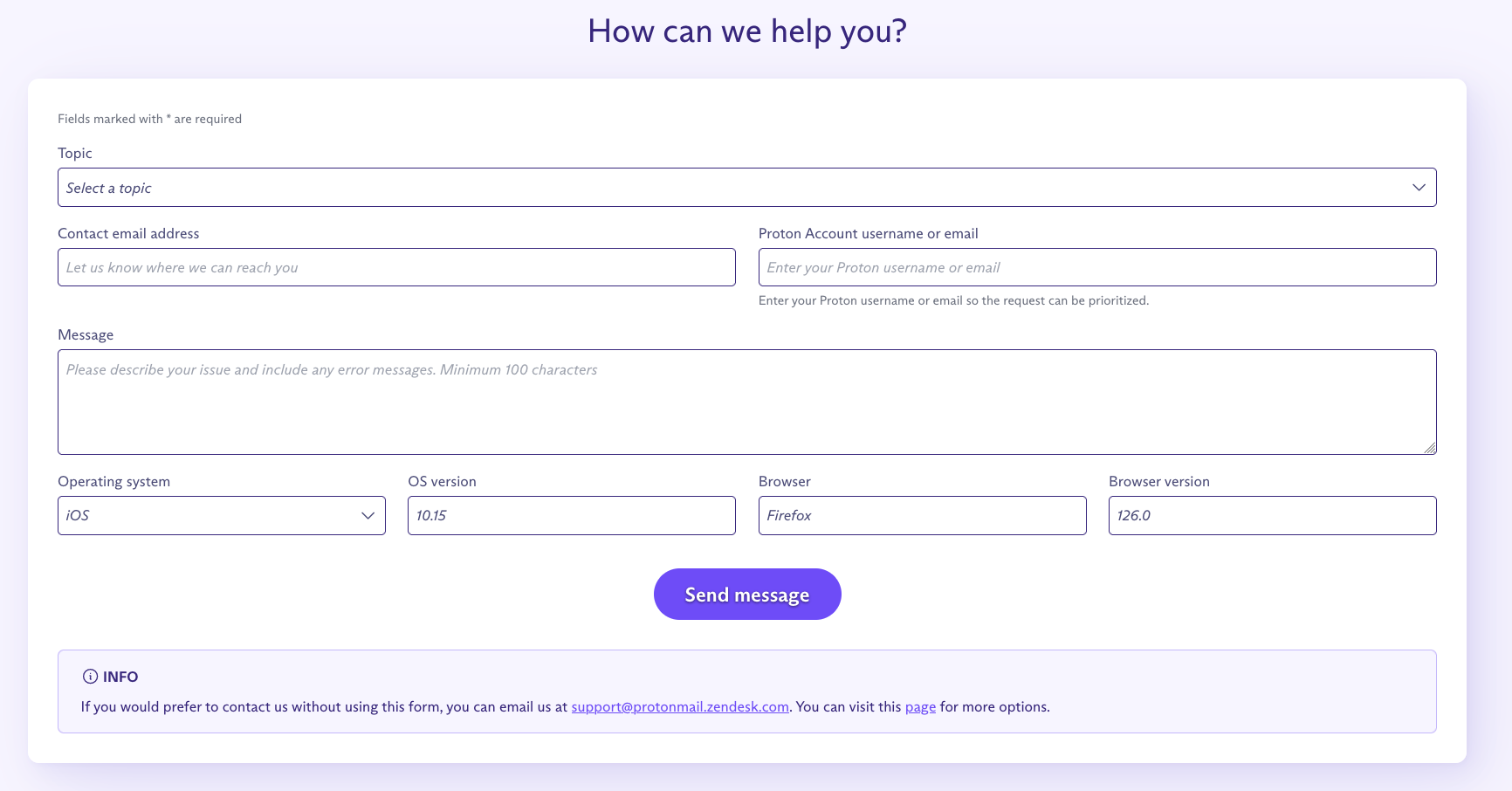 Proton support form, with fields for topic, email, username, message, and OS and browser name/version.