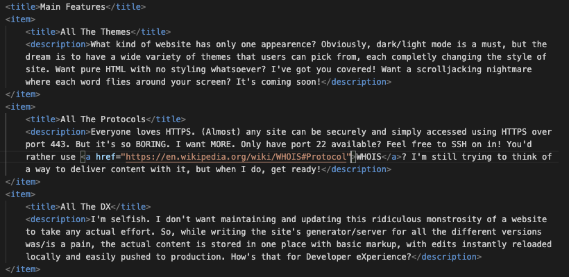 Screenshot of the XML for the above section. Includes a <title> and three <items>, each of which have a <title> and <description>.